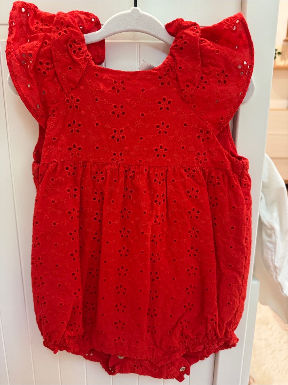 Janie and Jack Bright Red Eyelet Romper with Flutter Trim